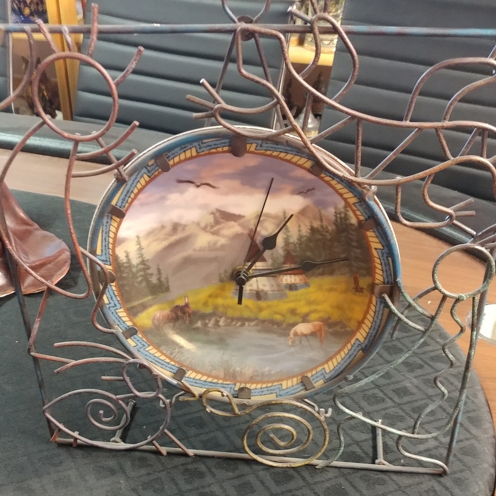 Wrought Iron Clock w Porcelain plate